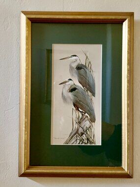 BEAUTIFUL Vintage Art Lamay Framed Blue Heron Birds Realism Wildlife Wall Art